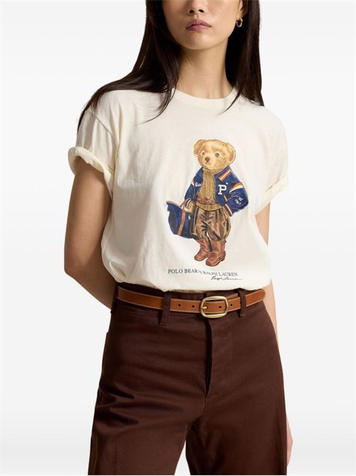 T-shirt Polo Ralph Lauren da donna color panna in cotone con Polo Bear POLO RALPH LAUREN | 211B17774001
